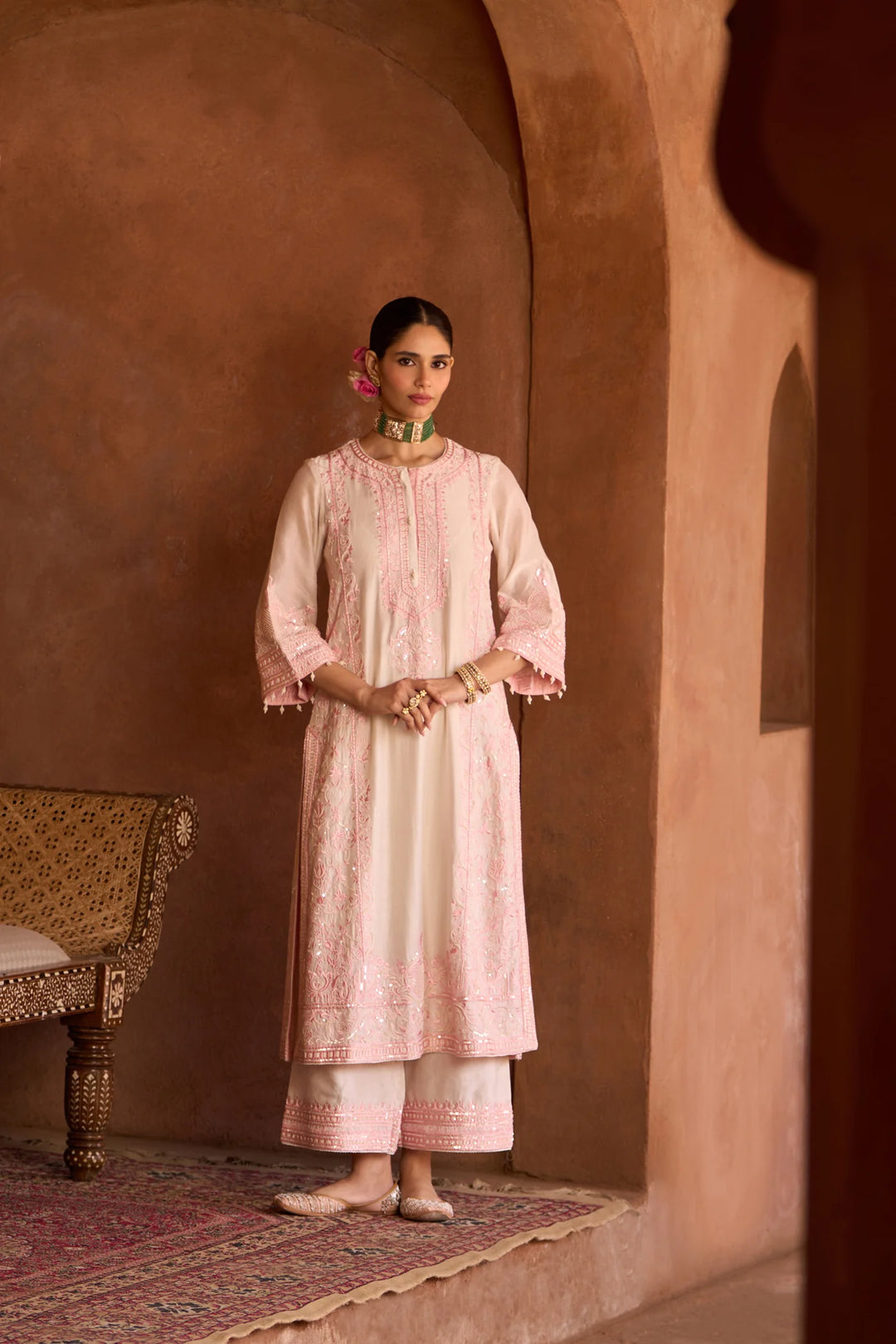 Ena - Daisy Ivory With Pink Long A-line Kurta With Palazzo And Dupatta