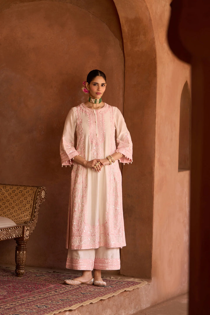 Ena - Daisy Ivory With Pink Long A-line Kurta With Palazzo And Dupatta