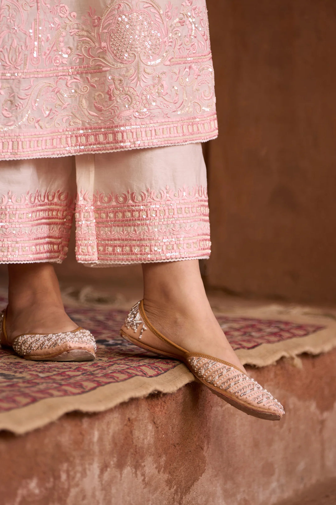Ena - Daisy Ivory With Pink Long A-line Kurta With Palazzo And Dupatta