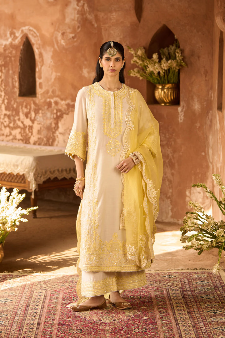 Ena - Daisy Ivory With Lemon Yellow Long A-line Kurta With Palazzo And Dupatta