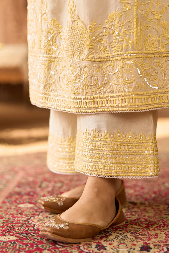 Ena - Daisy Ivory With Lemon Yellow Long A-line Kurta With Palazzo And Dupatta