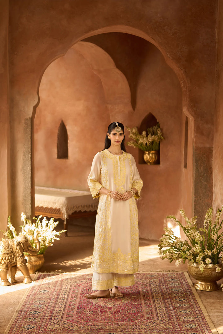 Ena - Daisy Ivory With Lemon Yellow Long A-line Kurta With Palazzo And Dupatta
