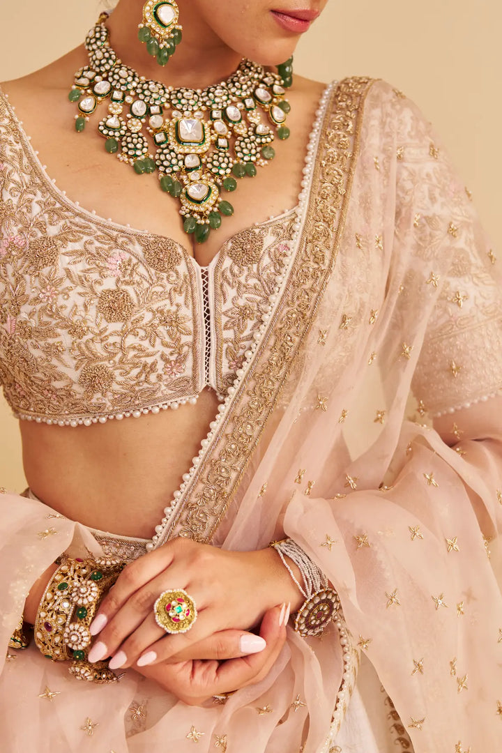 Close-up of a person wearing a traditional outfit with gold jewelry and a beige saree.