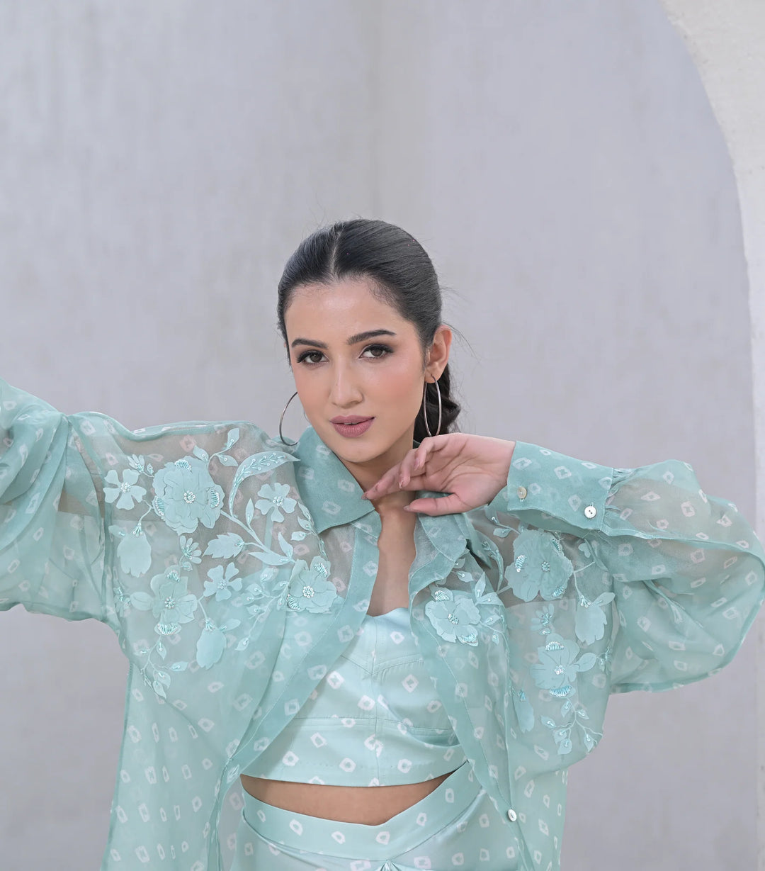 Floris Bandhani Shirt with Pleated Skirt Set