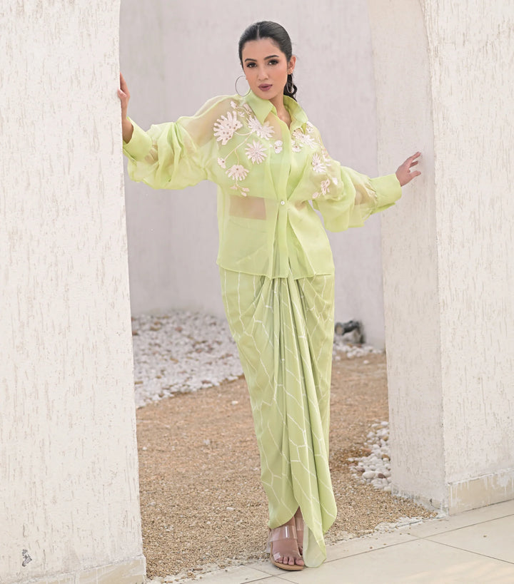 Floret Bloom Shirt with Bandhani Pleated Skirt Set