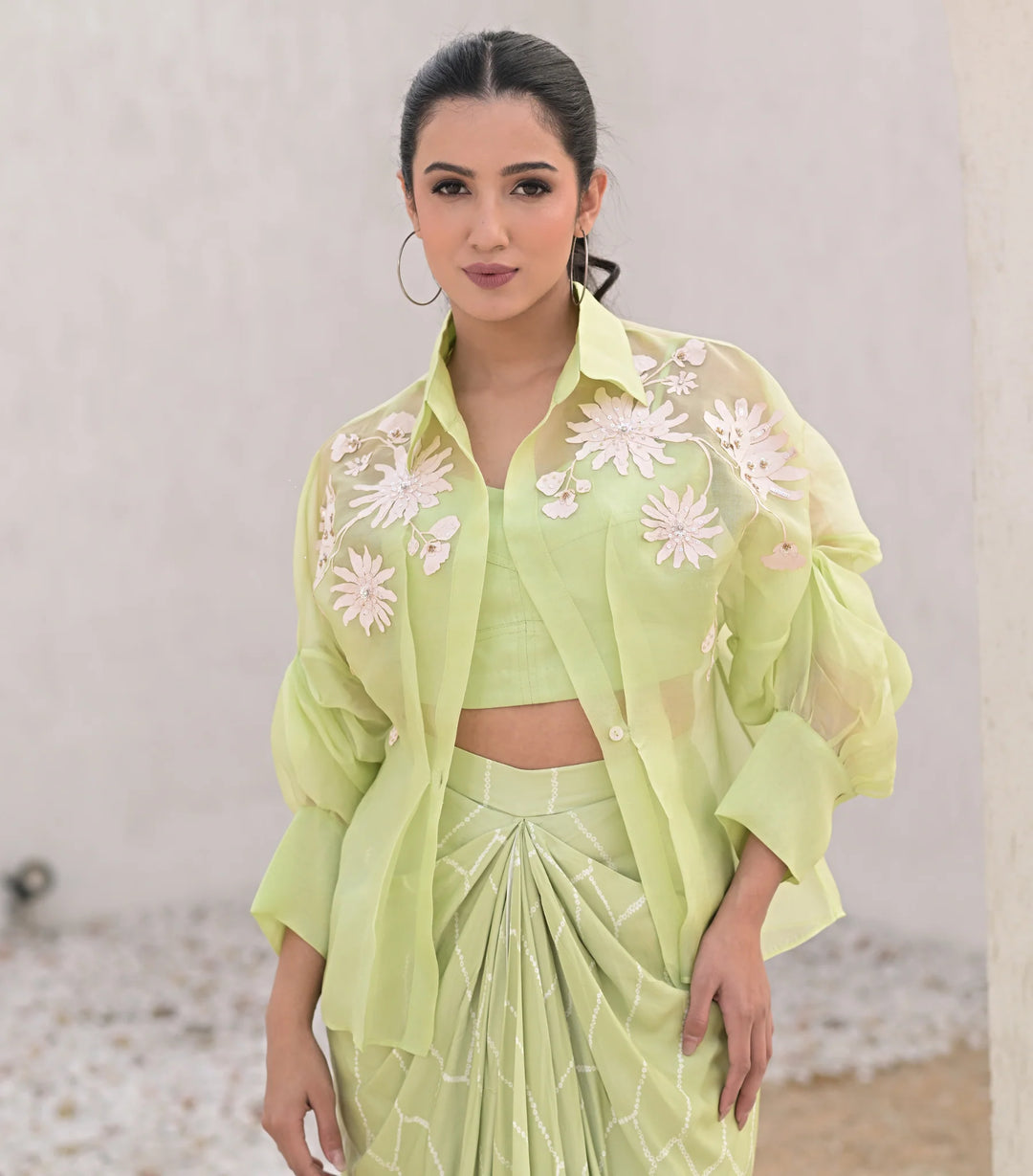 Floret Bloom Shirt with Bandhani Pleated Skirt Set