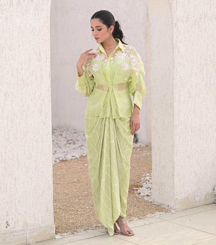 Floret Bloom Shirt with Bandhani Pleated Skirt Set