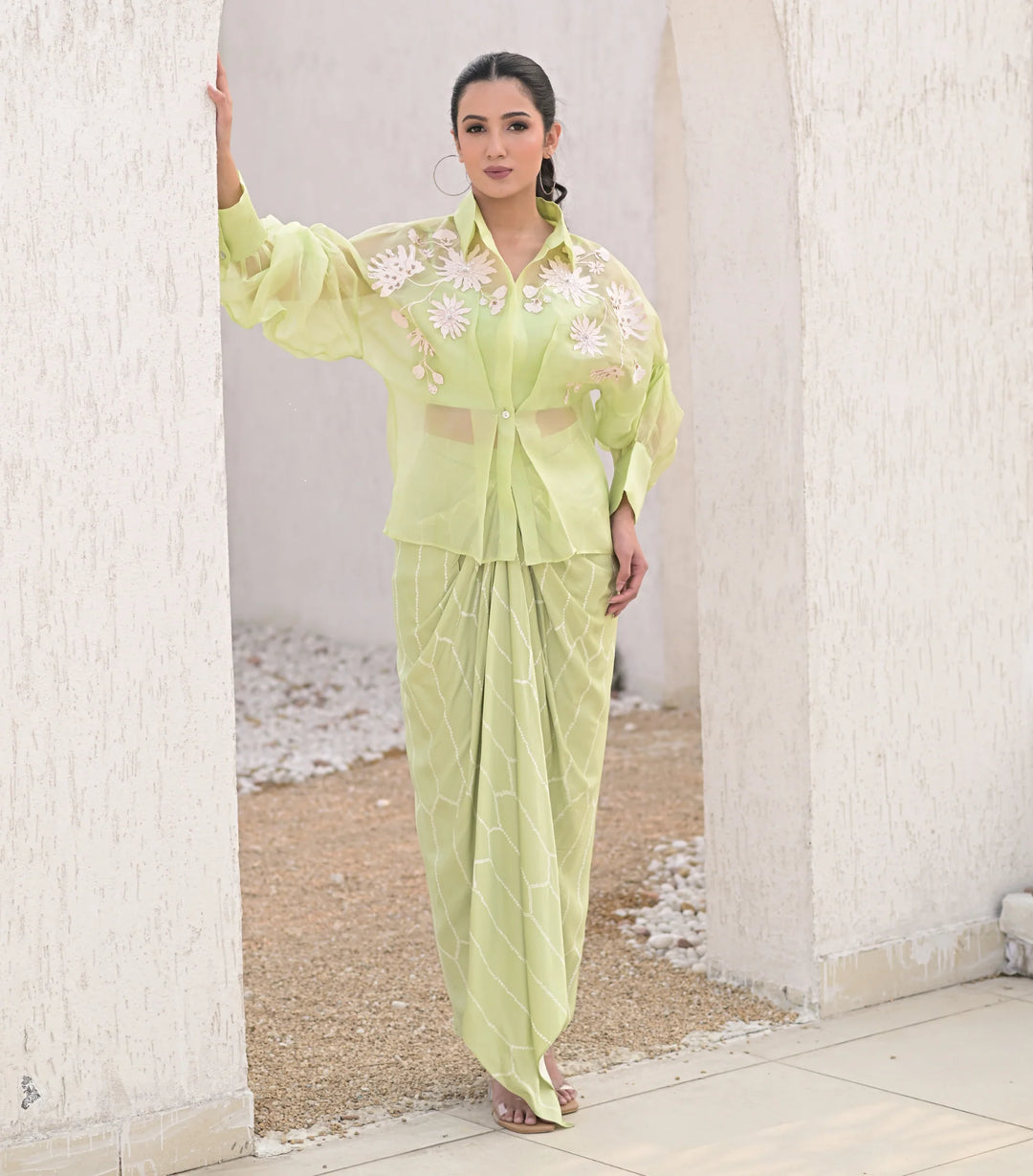 Floret Bloom Shirt with Bandhani Pleated Skirt Set