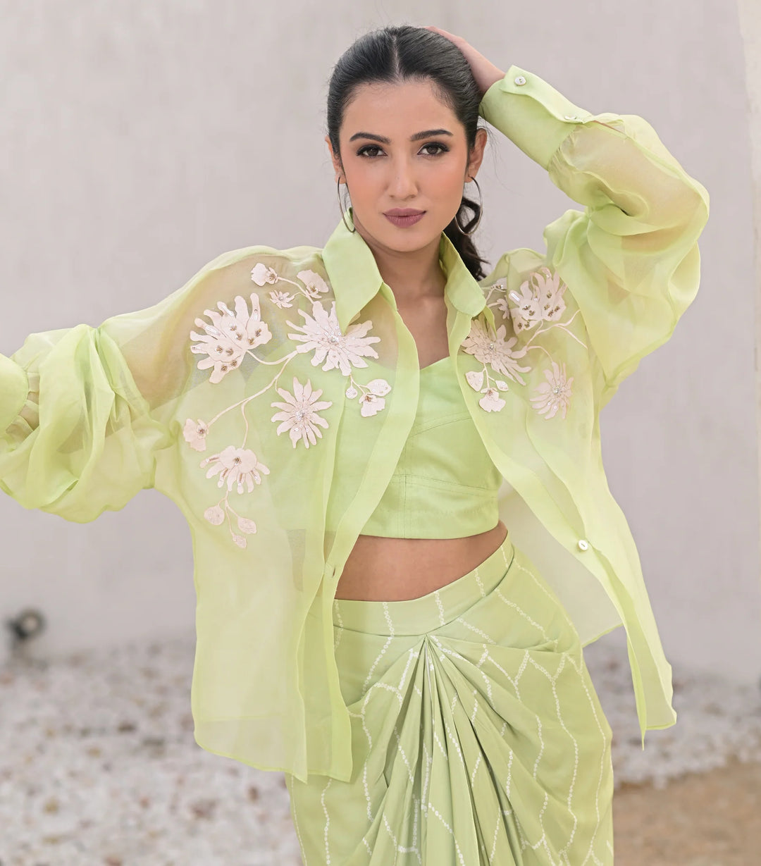 Floret Bloom Shirt with Bandhani Pleated Skirt Set