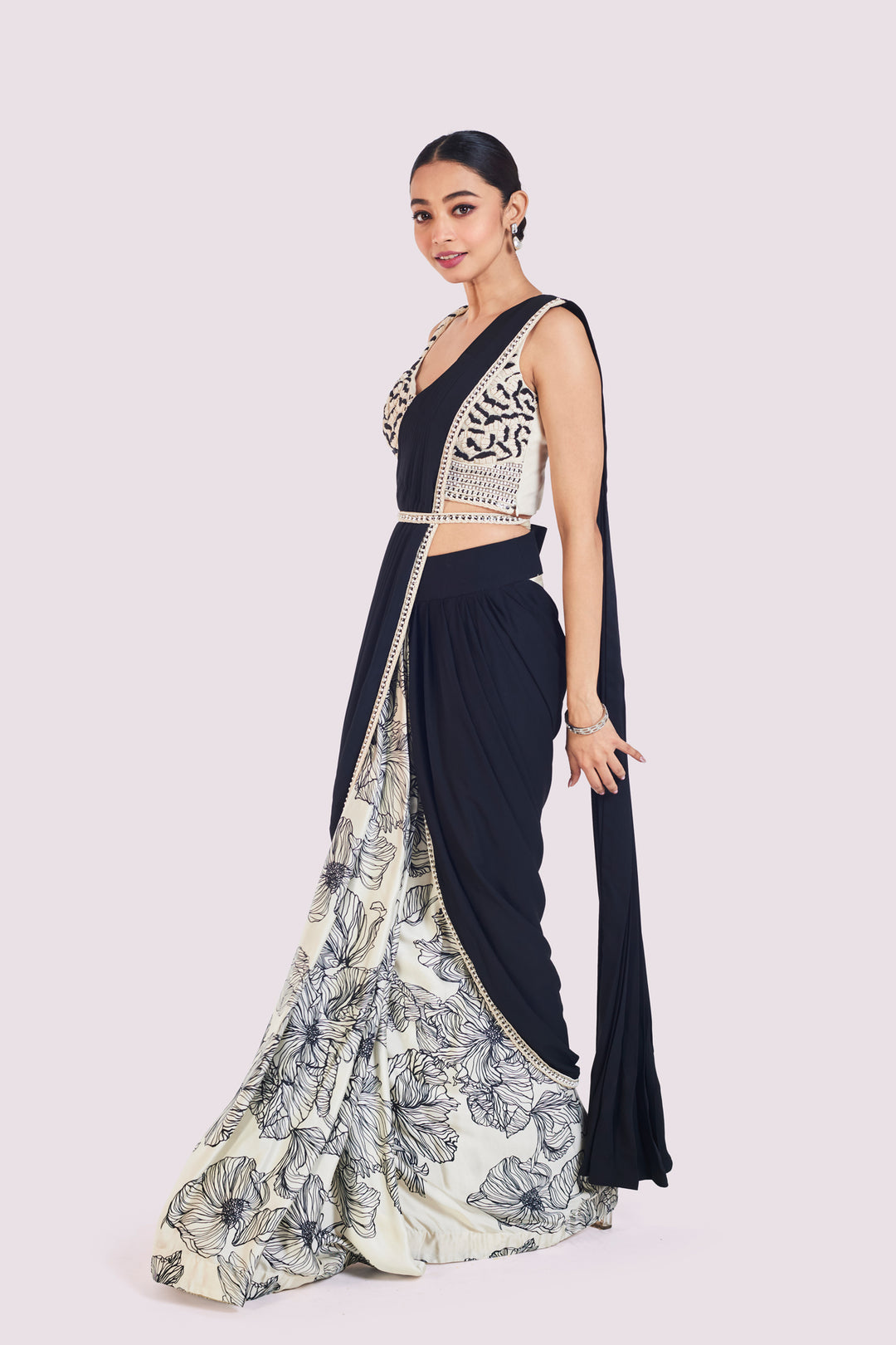 Floral drape saree with contrast pallu