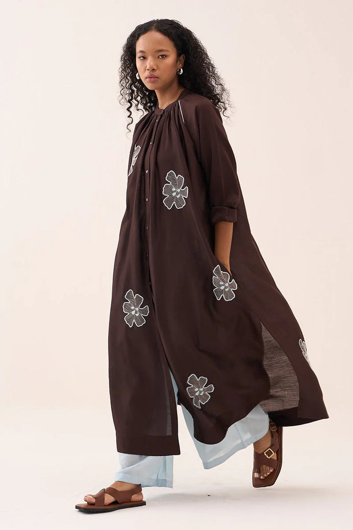 Floral Emb. Gather Neck Shirt Co-ord (Set Of 3)