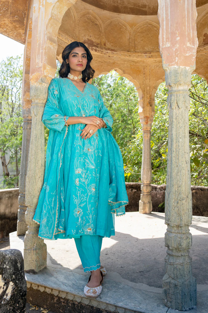 Firozi Floral A-line Kurta Set