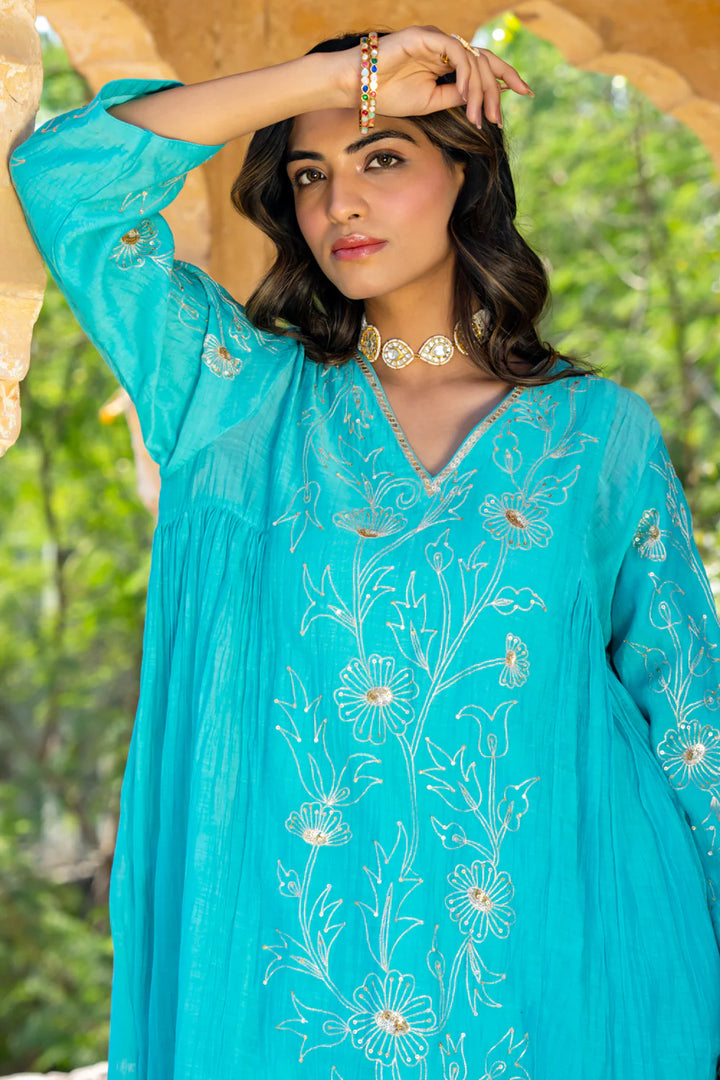 Firozi Floral A-line Kurta Set
