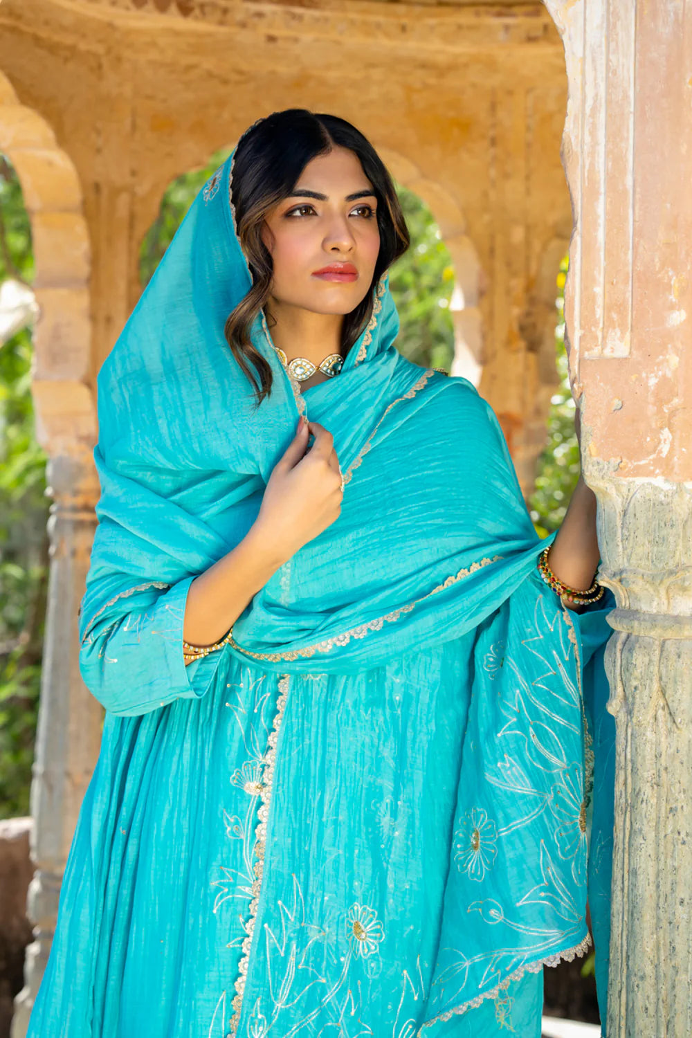 Firozi Floral A-line Kurta Set