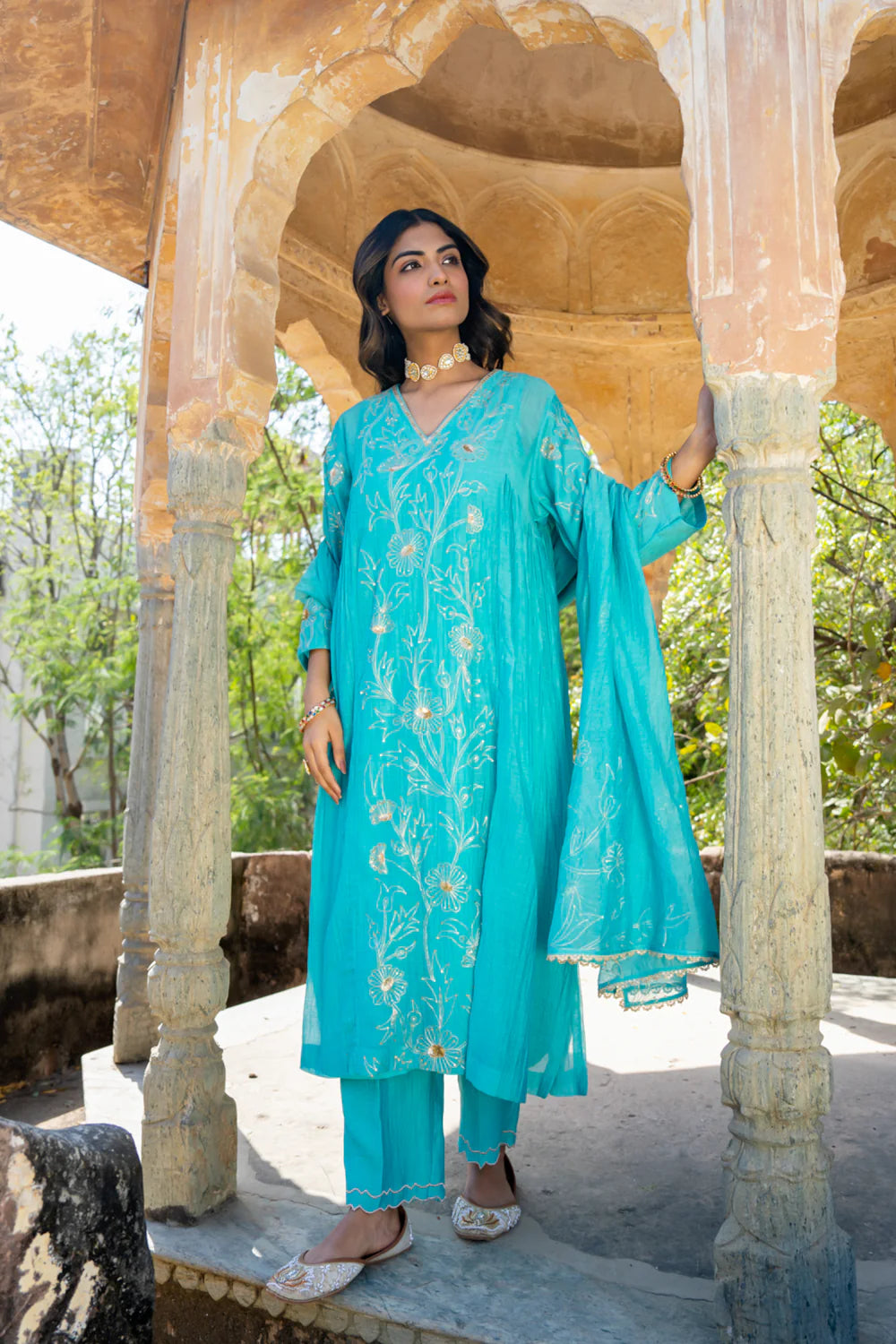 Firozi Floral A-line Kurta Set