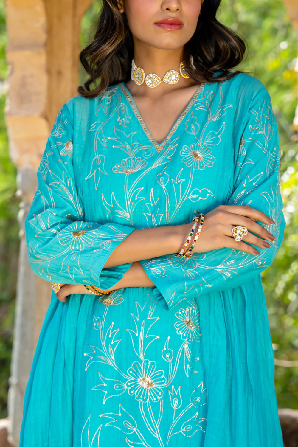 Firozi Floral A-line Kurta Set