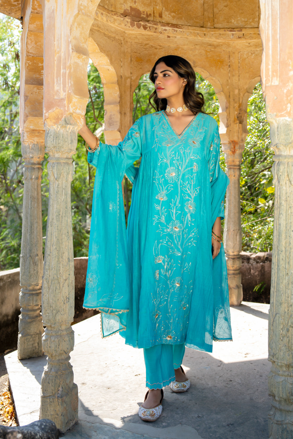 Firozi Floral A-line Kurta Set