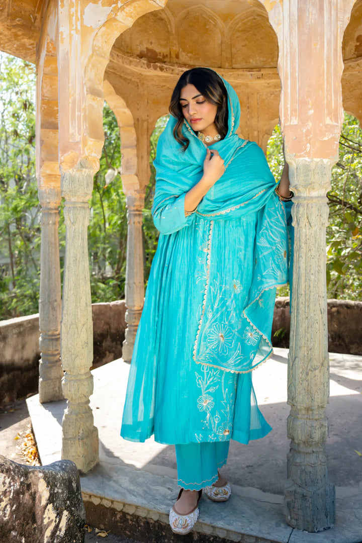 Firozi Floral A-line Kurta Set