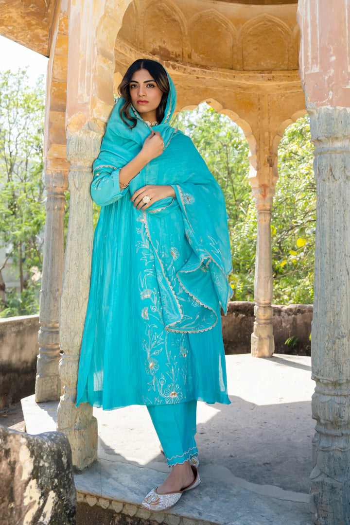 Firozi Floral A-line Kurta Set