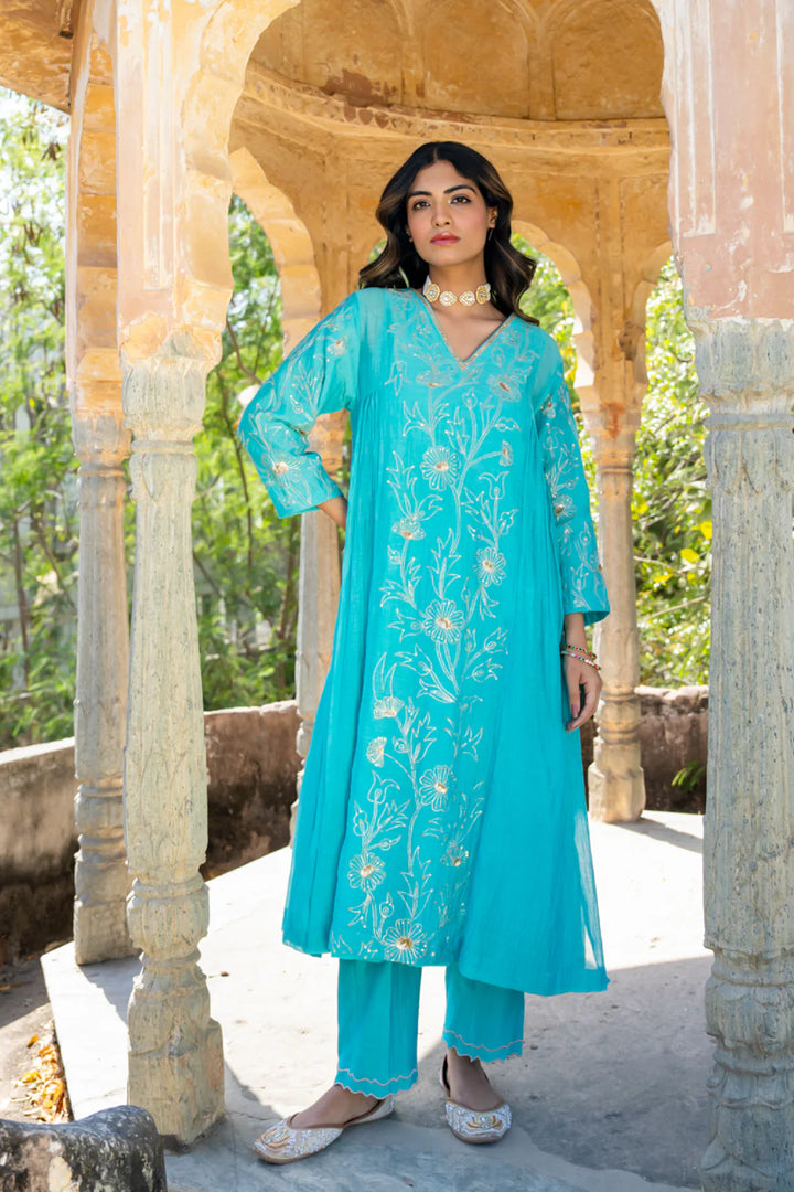 Firozi Floral A-line Kurta Set
