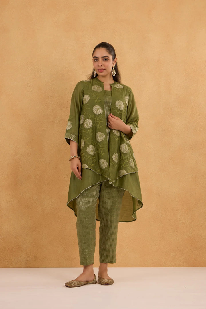 Forest Green High-Low Tissue Embroidered Chanderi Jacket Set with Tissue Inner and Pants