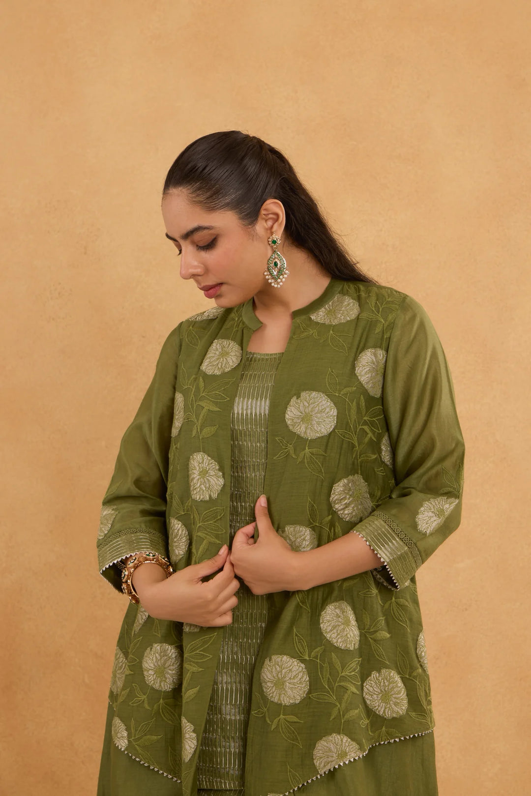 Forest Green High-Low Tissue Embroidered Chanderi Jacket Set with Tissue Inner and Pants