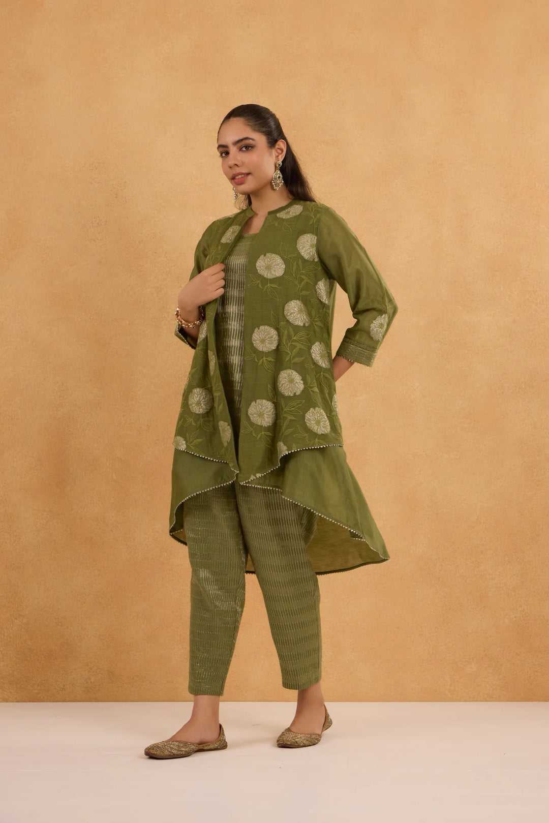 Forest Green High-Low Tissue Embroidered Chanderi Jacket Set with Tissue Inner and Pants