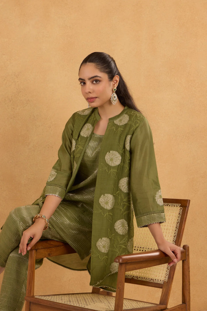 Forest Green High-Low Tissue Embroidered Chanderi Jacket Set with Tissue Inner and Pants