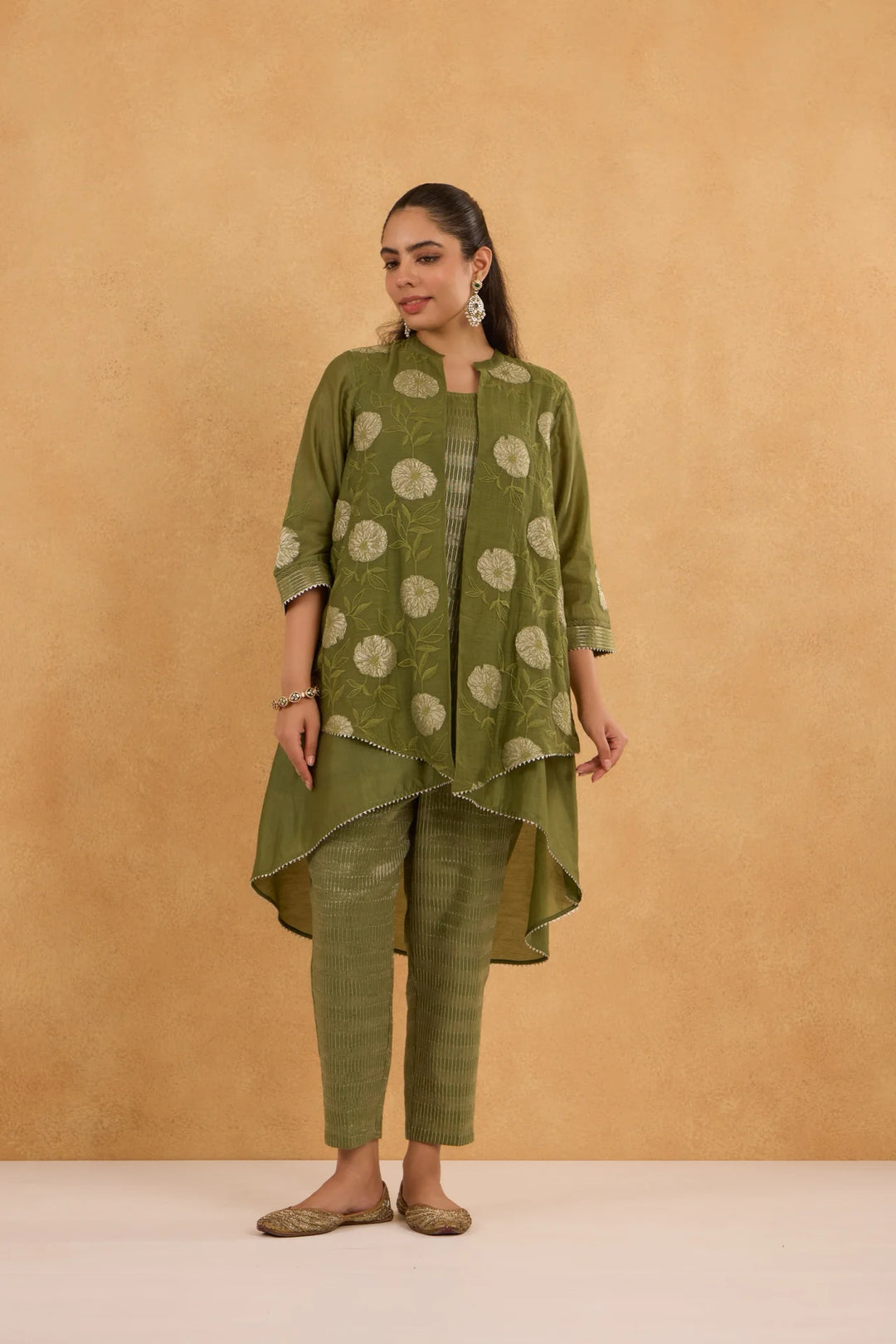 Forest Green High-Low Tissue Embroidered Chanderi Jacket Set with Tissue Inner and Pants