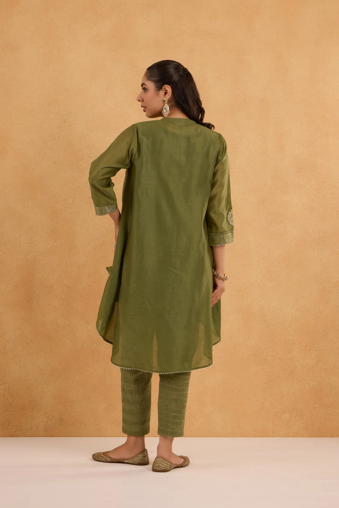 Forest Green High-Low Tissue Embroidered Chanderi Jacket Set with Tissue Inner and Pants