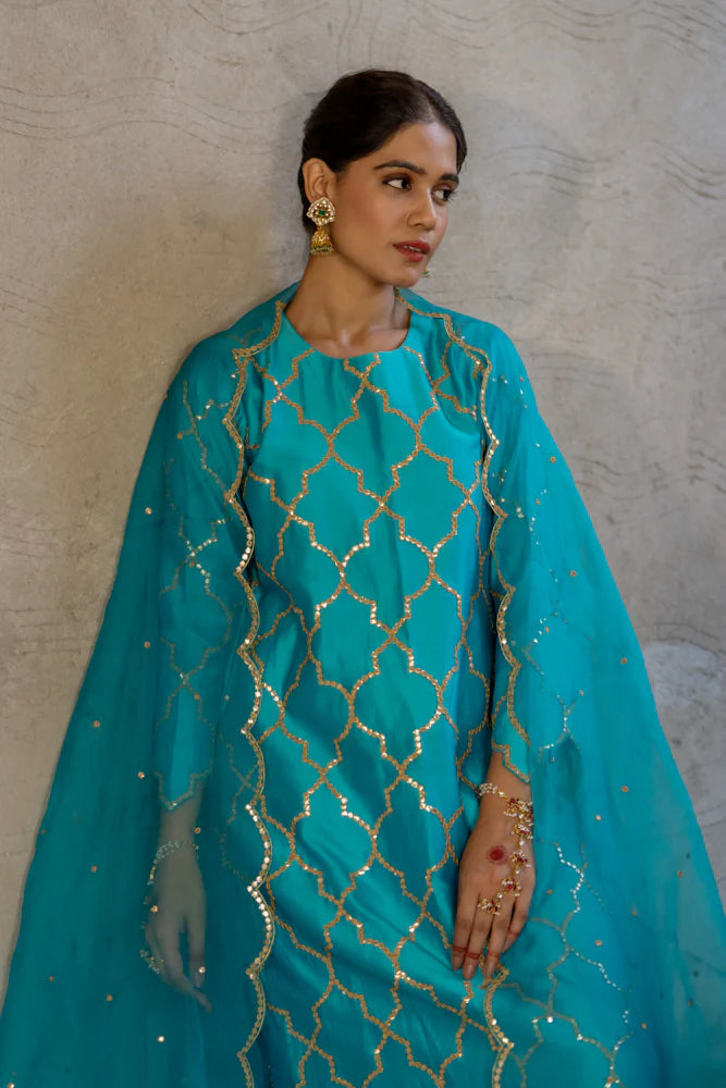 Firozi Gota Patti Jaal Work Straight Kurta Set