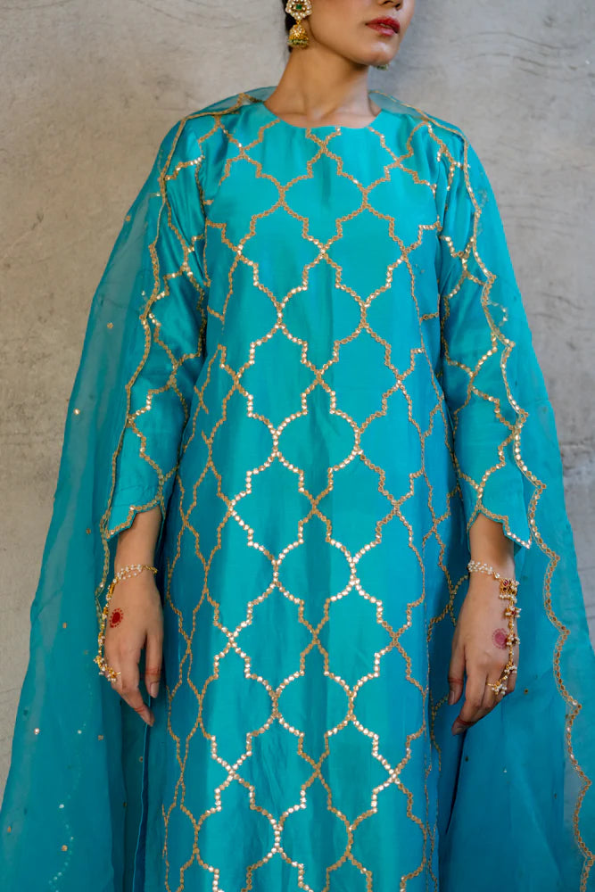 Firozi Gota Patti Jaal Work Straight Kurta Set