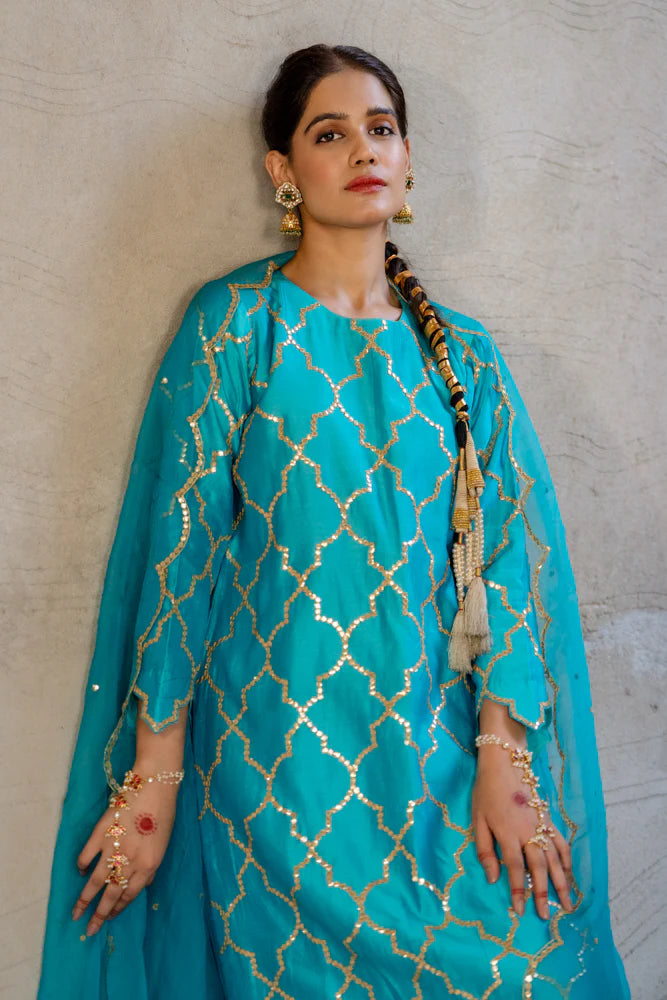 Firozi Gota Patti Jaal Work Straight Kurta Set