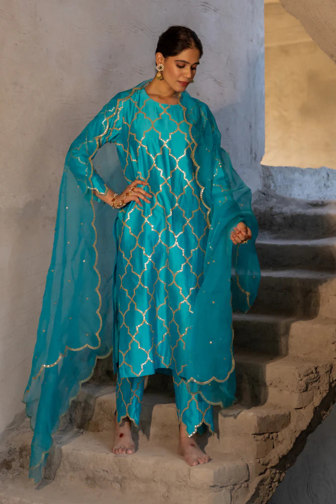 Firozi Gota Patti Jaal Work Straight Kurta Set