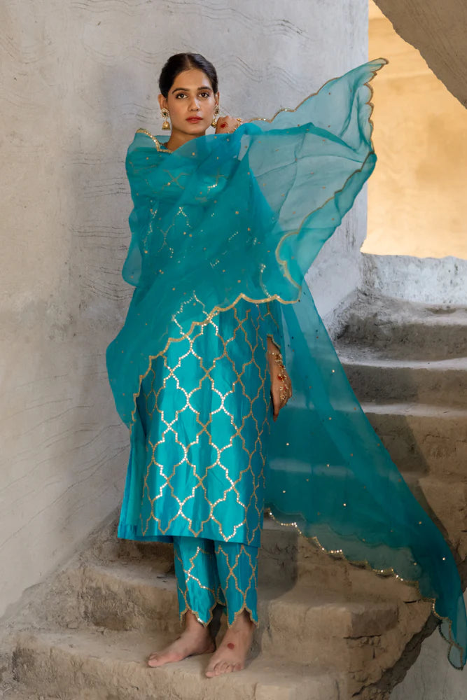 Firozi Gota Patti Jaal Work Straight Kurta Set