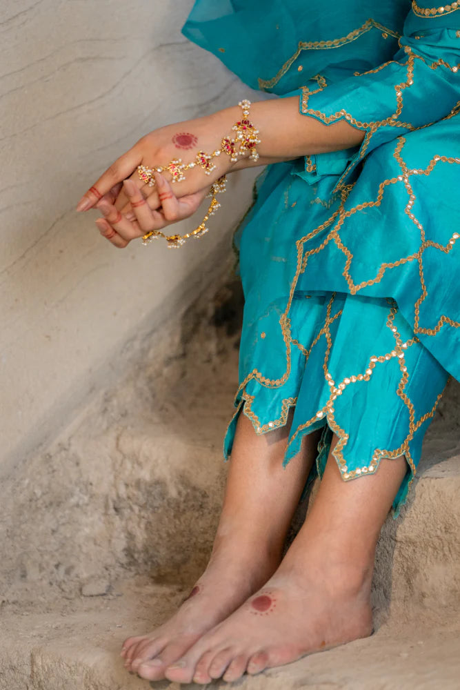 Firozi Gota Patti Jaal Work Straight Kurta Set