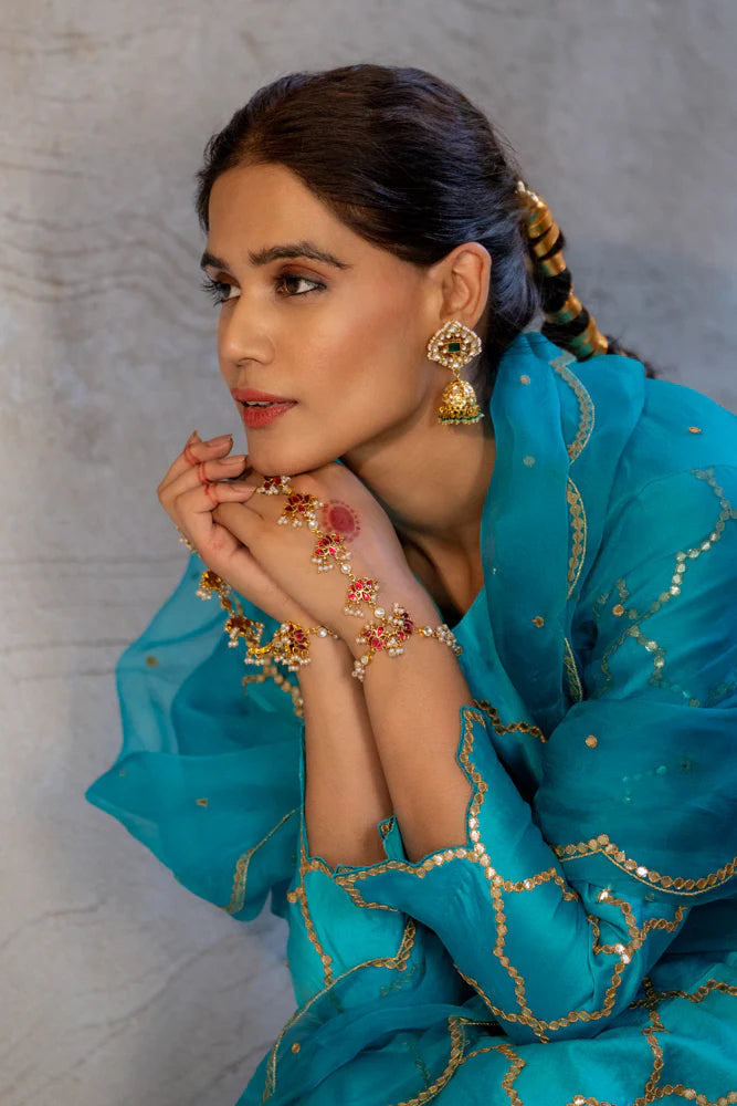 Firozi Gota Patti Jaal Work Straight Kurta Set