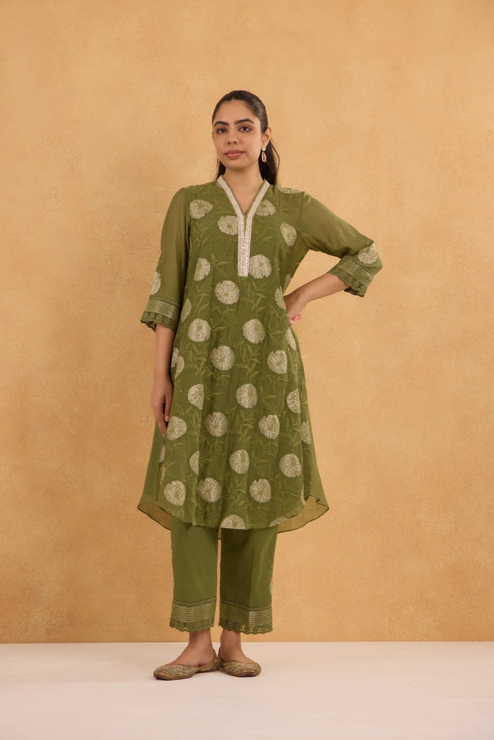 Forest Green Tissue Patch Floral Embroidered Chanderi Kurta Set