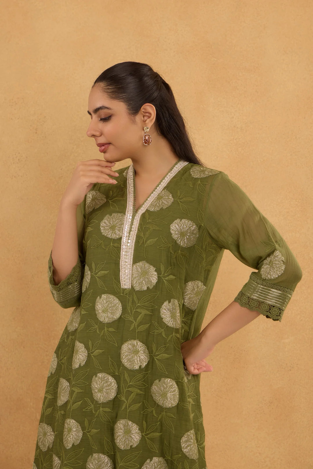 Forest Green Tissue Patch Floral Embroidered Chanderi Kurta Set