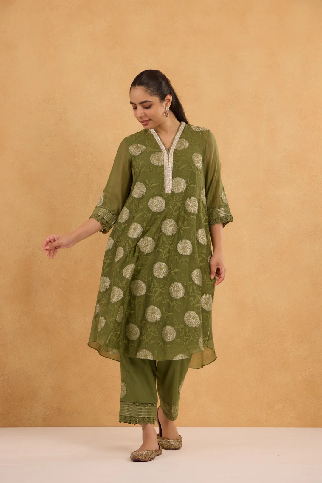 Forest Green Tissue Patch Floral Embroidered Chanderi Kurta Set