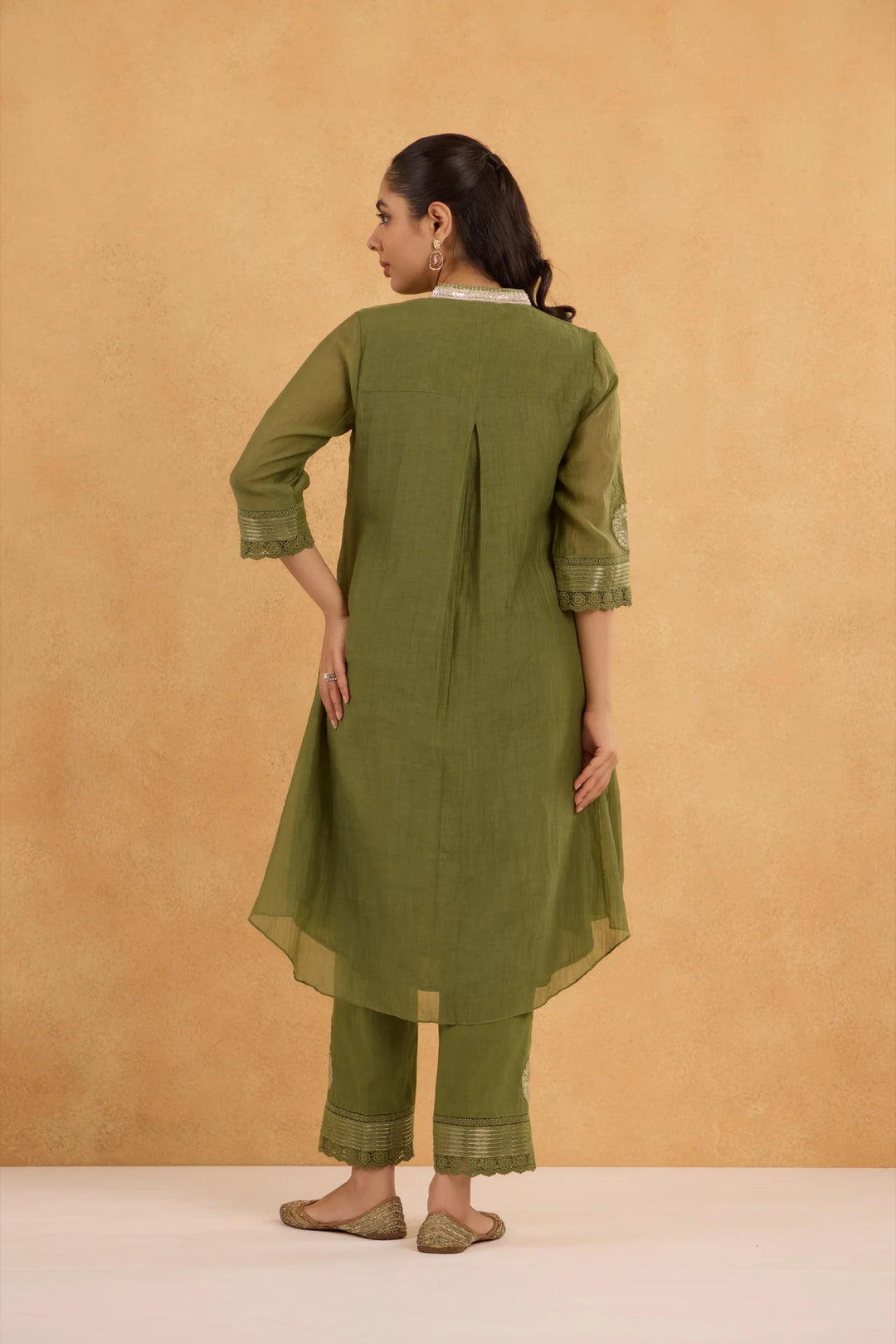 Forest Green Tissue Patch Floral Embroidered Chanderi Kurta Set