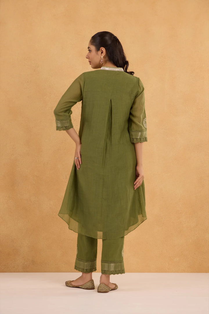Forest Green Tissue Patch Floral Embroidered Chanderi Kurta Set
