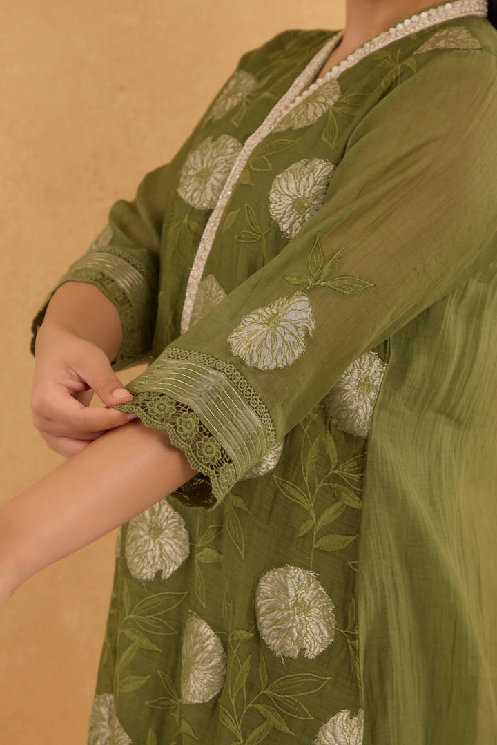Forest Green Tissue Patch Floral Embroidered Chanderi Kurta Set
