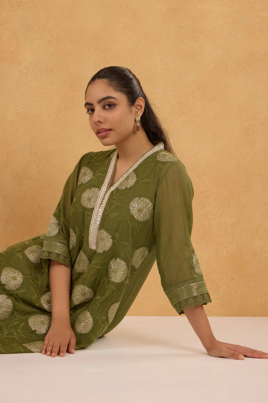 Forest Green Tissue Patch Floral Embroidered Chanderi Kurta Set