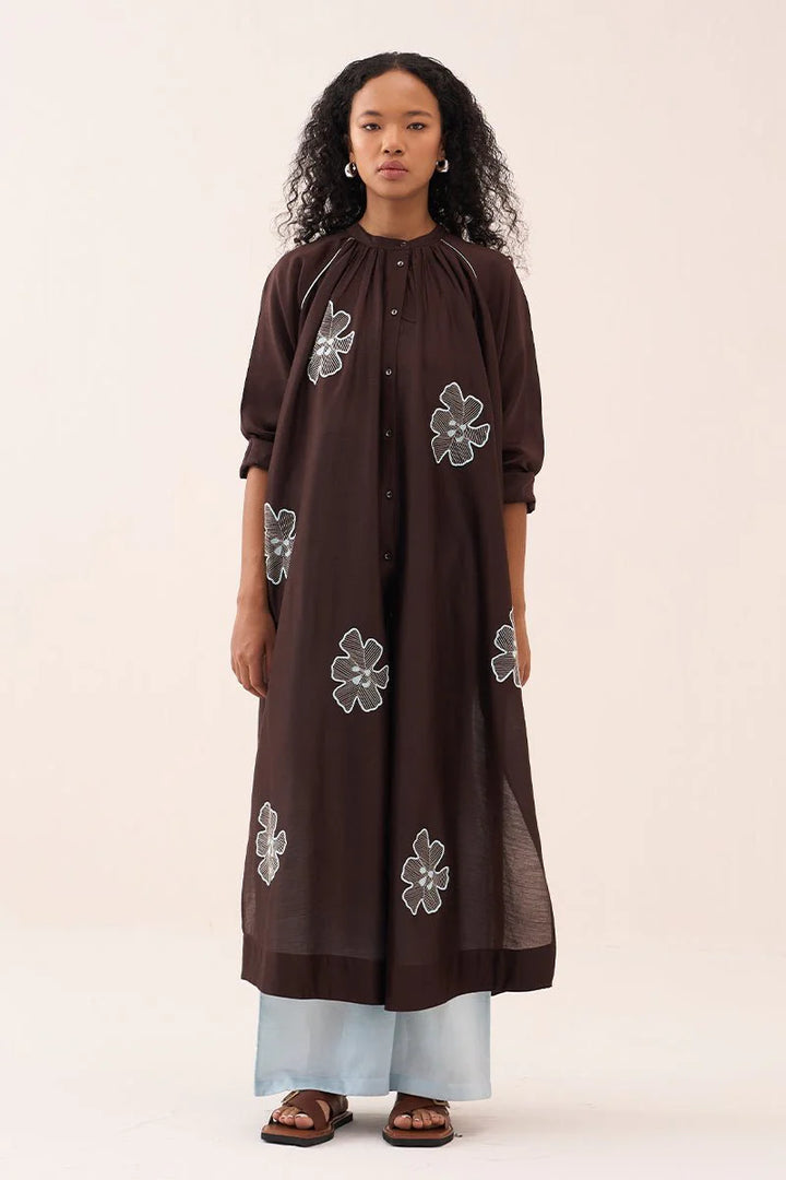 Floral Emb. Gather Neck Shirt Co-ord (Set Of 2)