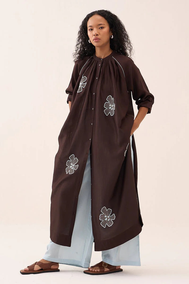 Floral Emb. Gather Neck Shirt Co-ord (Set Of 2)