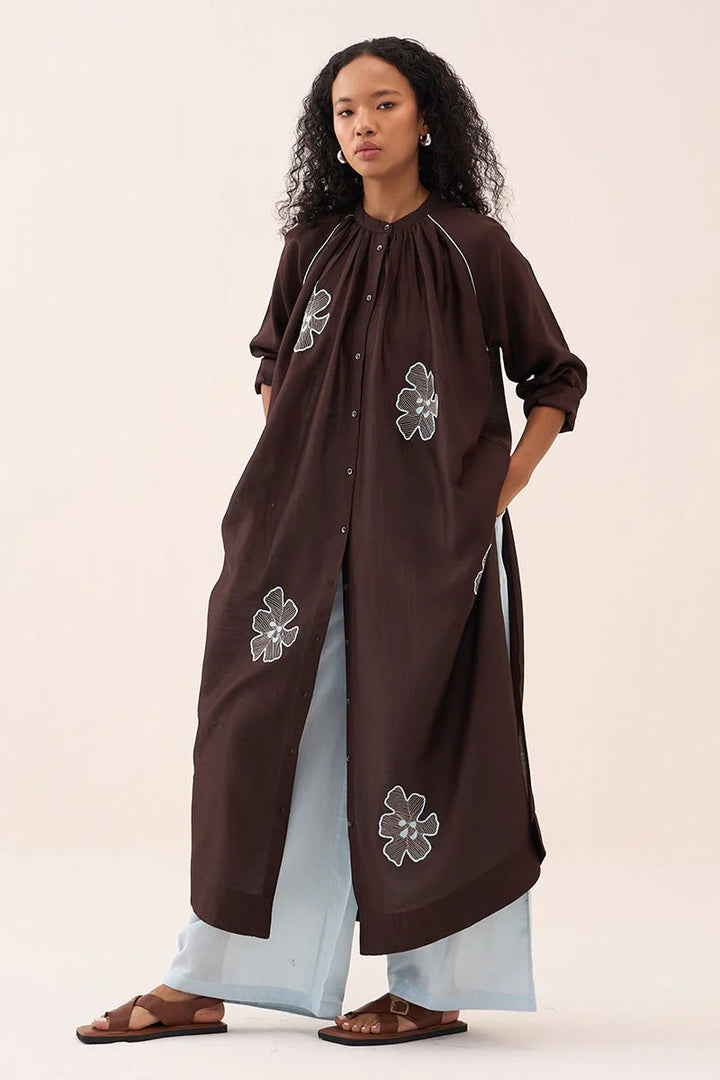 Floral Emb. Gather Neck Shirt Co-ord (Set Of 2)