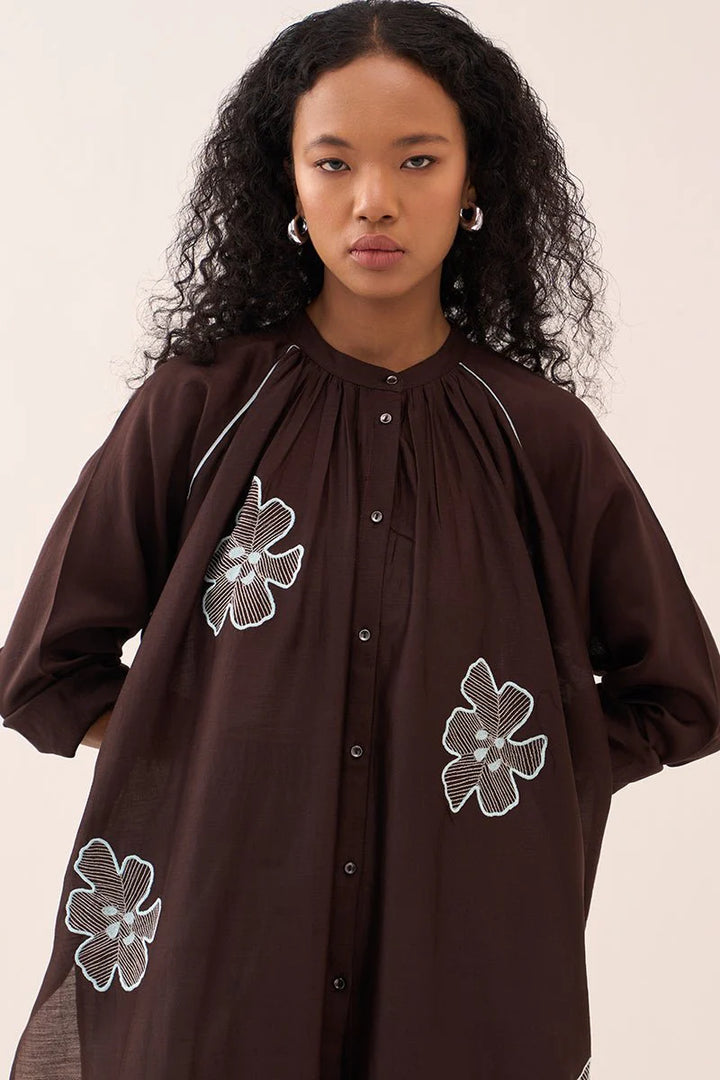 Floral Emb. Gather Neck Shirt Co-ord (Set Of 2)