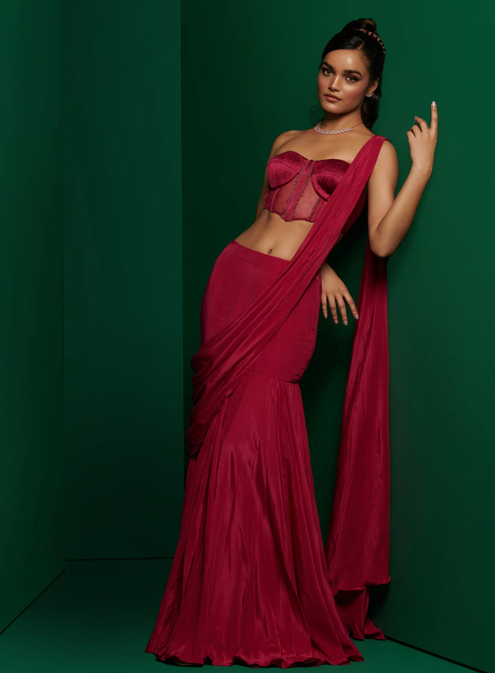 Fuchsia Pink corset with drape skirt and embellished cape