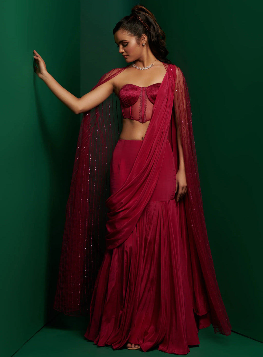 Fuchsia Pink corset with drape skirt and embellished cape